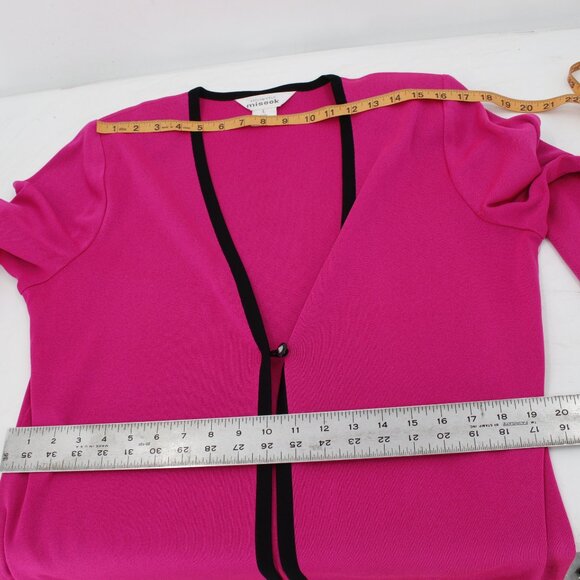 misook Cardigan Women's Large pink One Button jewel Jacket black trim acrylic - Picture 12 of 12